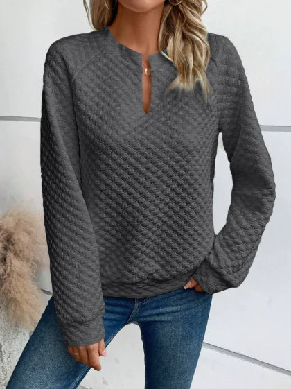 Dames Casual Sweater met V-Hals – Luxe Structuur & Comfortabele Loose Fit