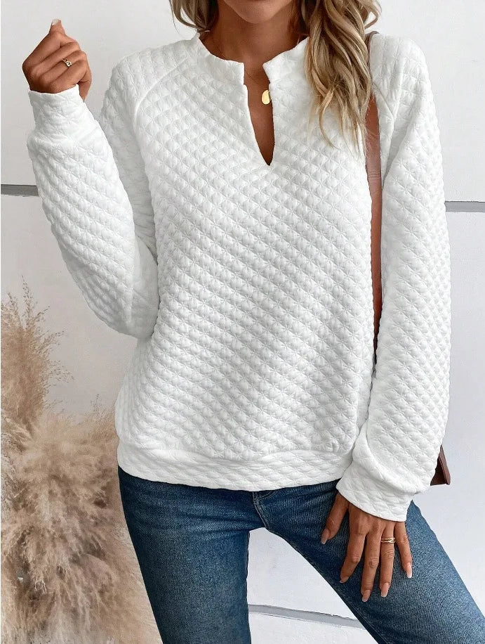 Dames Casual Sweater met V-Hals – Luxe Structuur & Comfortabele Loose Fit