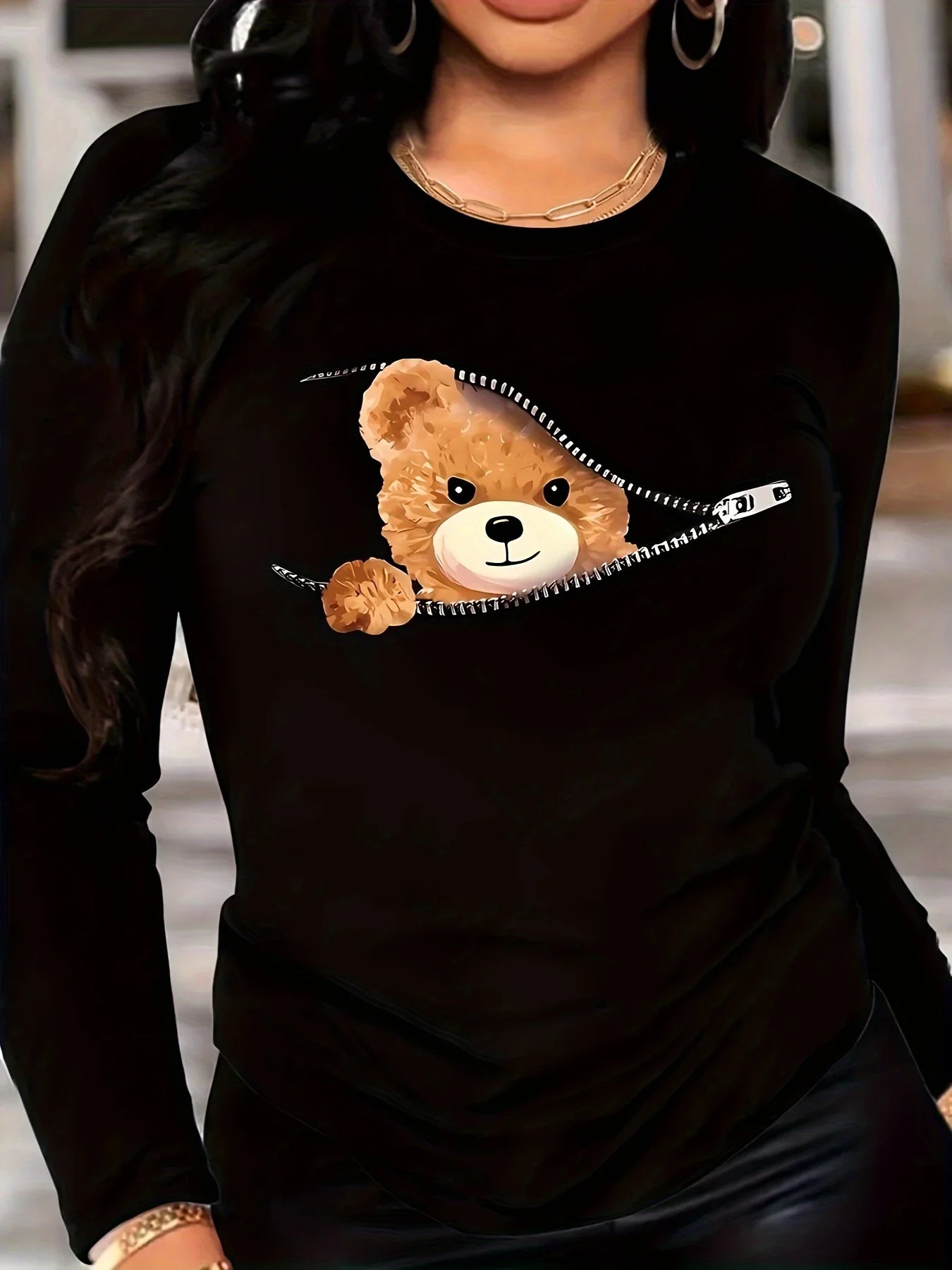 Dames Longsleeve T-Shirt met Teddybeerprint – Schattig & Casual