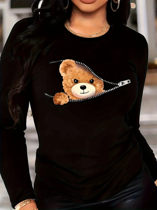 Dames Longsleeve T-Shirt met Teddybeerprint – Schattig & Casual