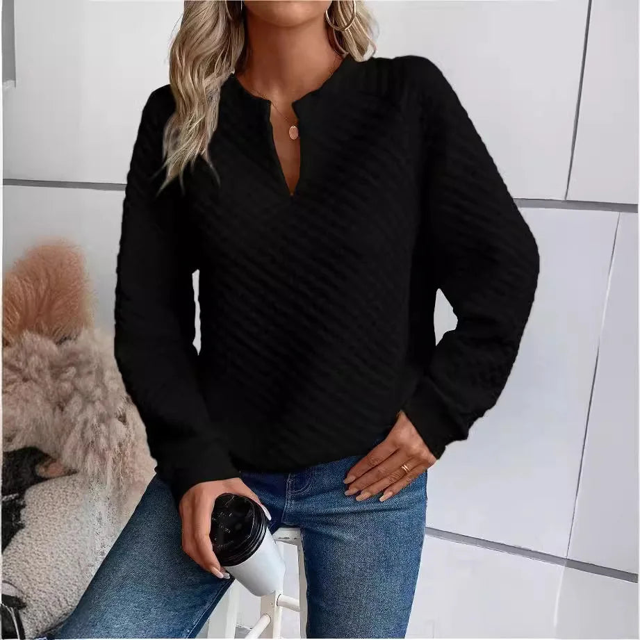 Dames Casual Sweater met V-Hals – Luxe Structuur & Comfortabele Loose Fit