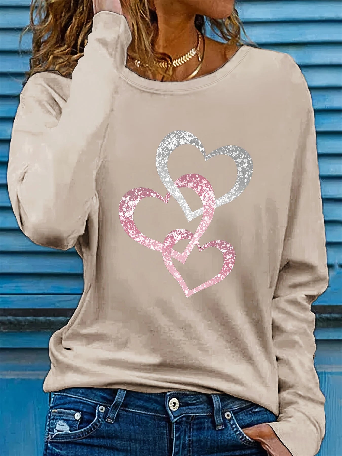 Dames Longsleeve Shirt met Hartenprint – Casual Losvallende Top van 100% Katoen