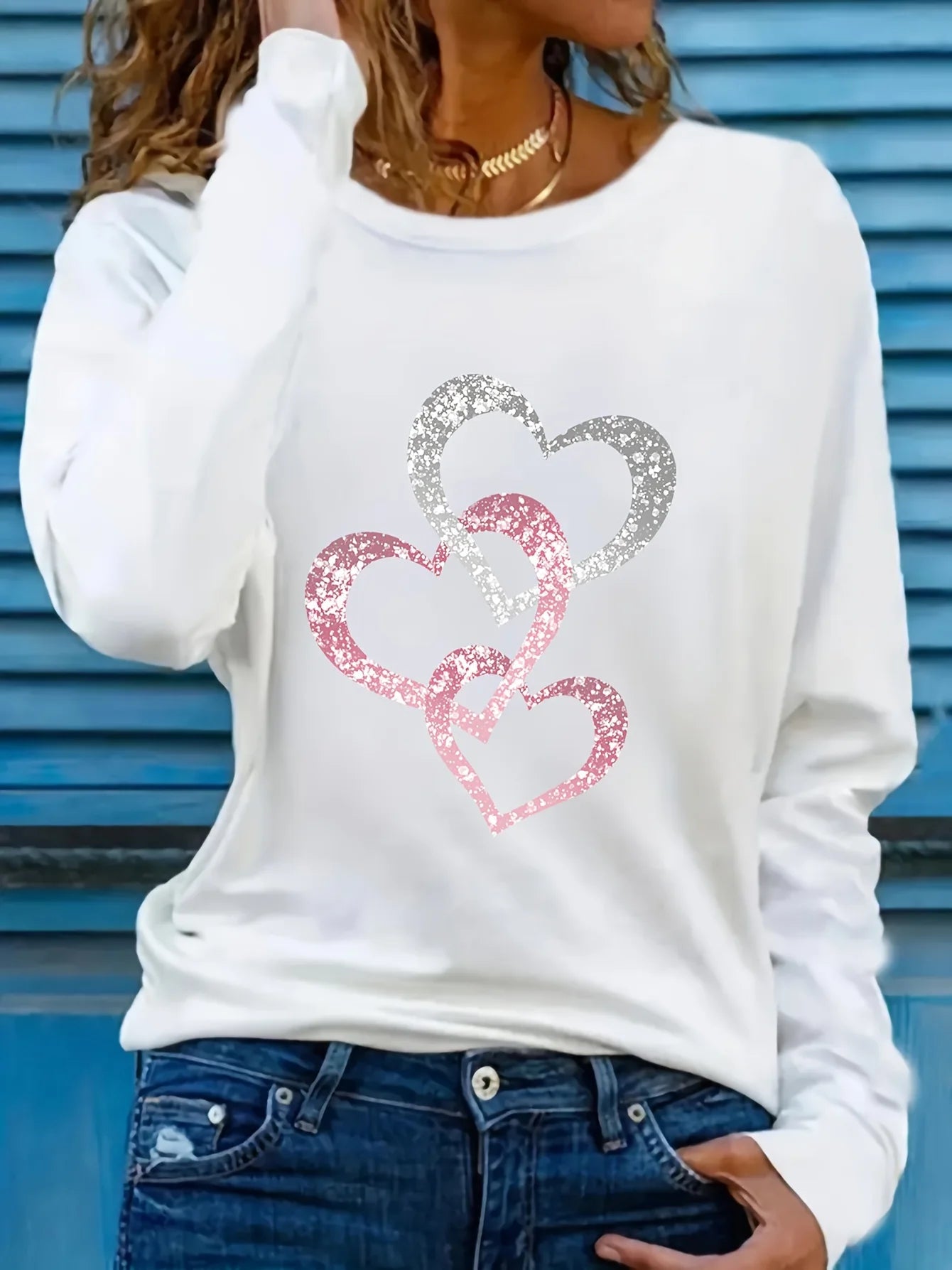 Dames Longsleeve Shirt met Hartenprint – Casual Losvallende Top van 100% Katoen