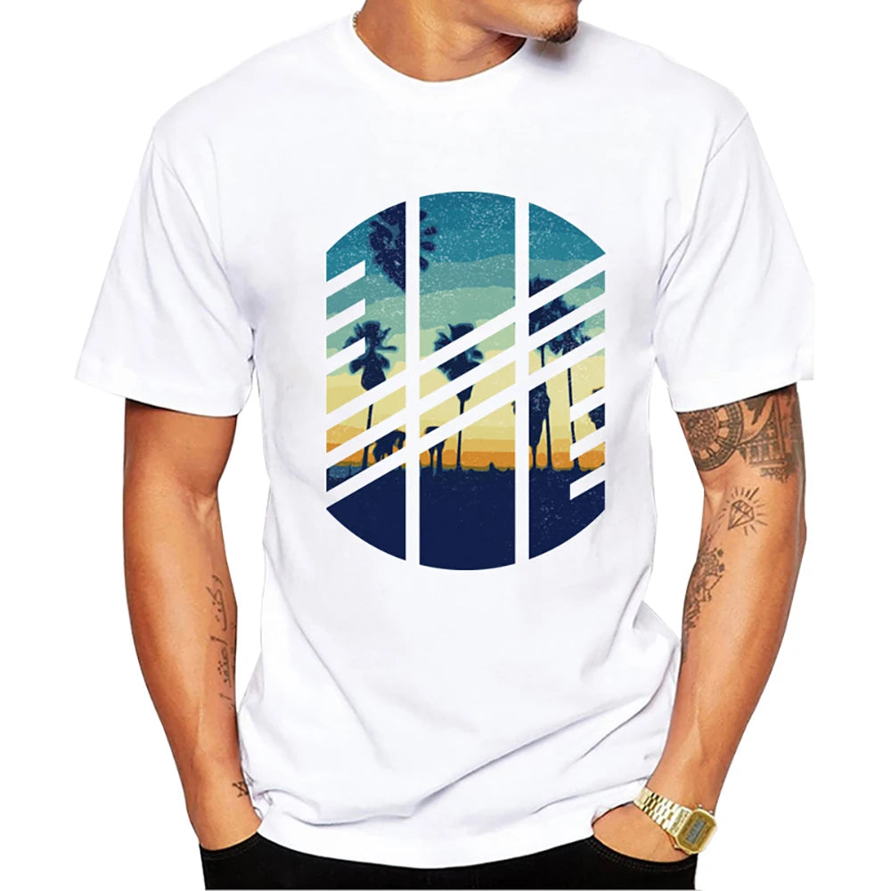 Heren T-Shirt met Zonsondergang Print – Harajuku Streetwear