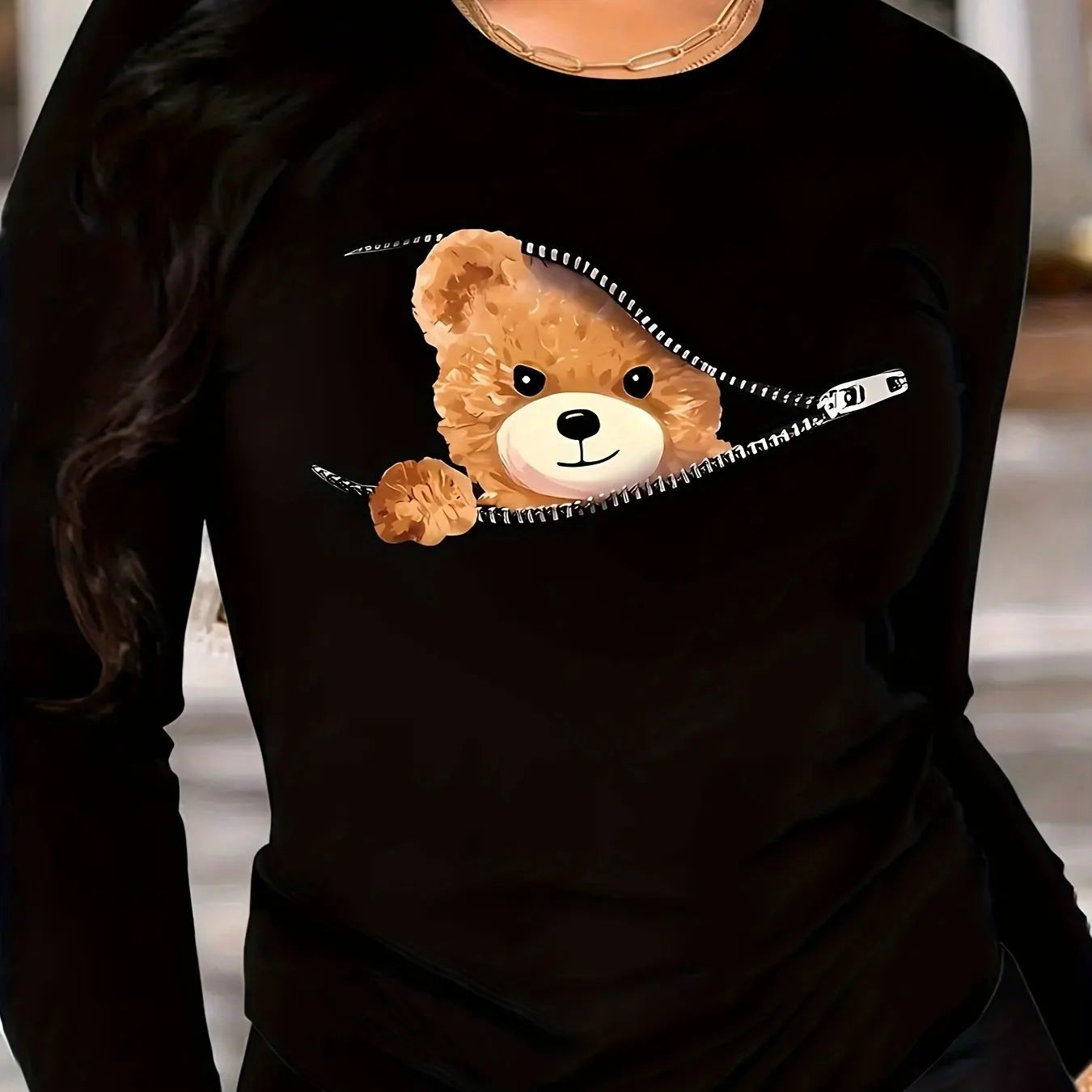 Dames Longsleeve T-Shirt met Teddybeerprint – Schattig & Casual
